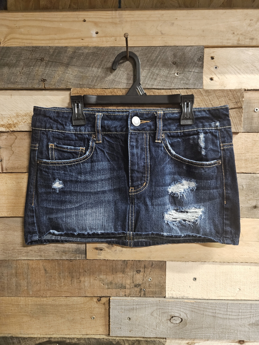 American Eagle Outfitters Dark Blue Distressed Denim Mini Skirt